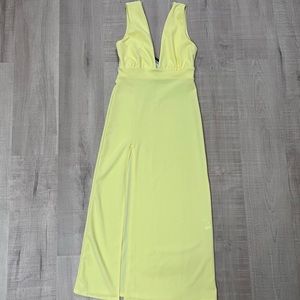 Yellow plunging neck midi dress with high front slit, size 6, new with tags